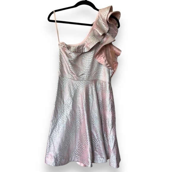 Nha Khanh Blush/Silver Metallic Ruffle One Shoulder Fit & Flare Caspian Dress - Picture 2 of 9